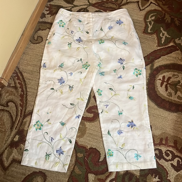 ALLISON TAYLOR size 12 Embroidered Floral Vine Crop Pant Lined Linen Elegant - Picture 1 of 12